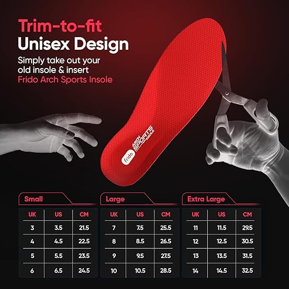 Frido Arch Sports Insole | Hi-Per Foam Orthotic Inserts for Arch Pain Relief and Injury Prevention | Casual Shoe Insert for Enhanced Comfort | Large Size (7-10 UK) | 1 Pair