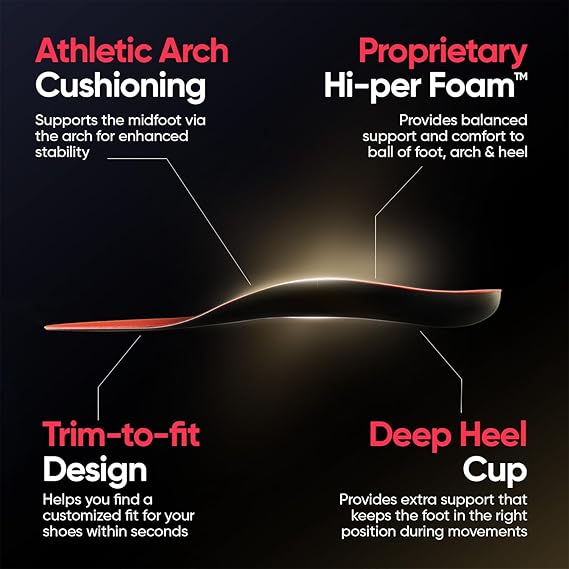 Frido Arch Sports Insole | Hi-Per Foam Orthotic Inserts for Arch Pain Relief and Injury Prevention | Casual Shoe Insert for Enhanced Comfort | Large Size (7-10 UK) | 1 Pair